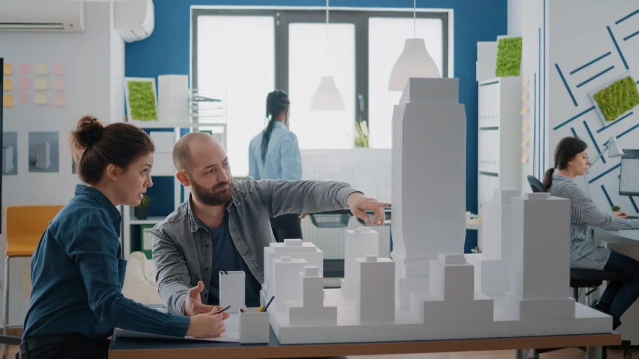 Architects Discussing High-Rise Building Model