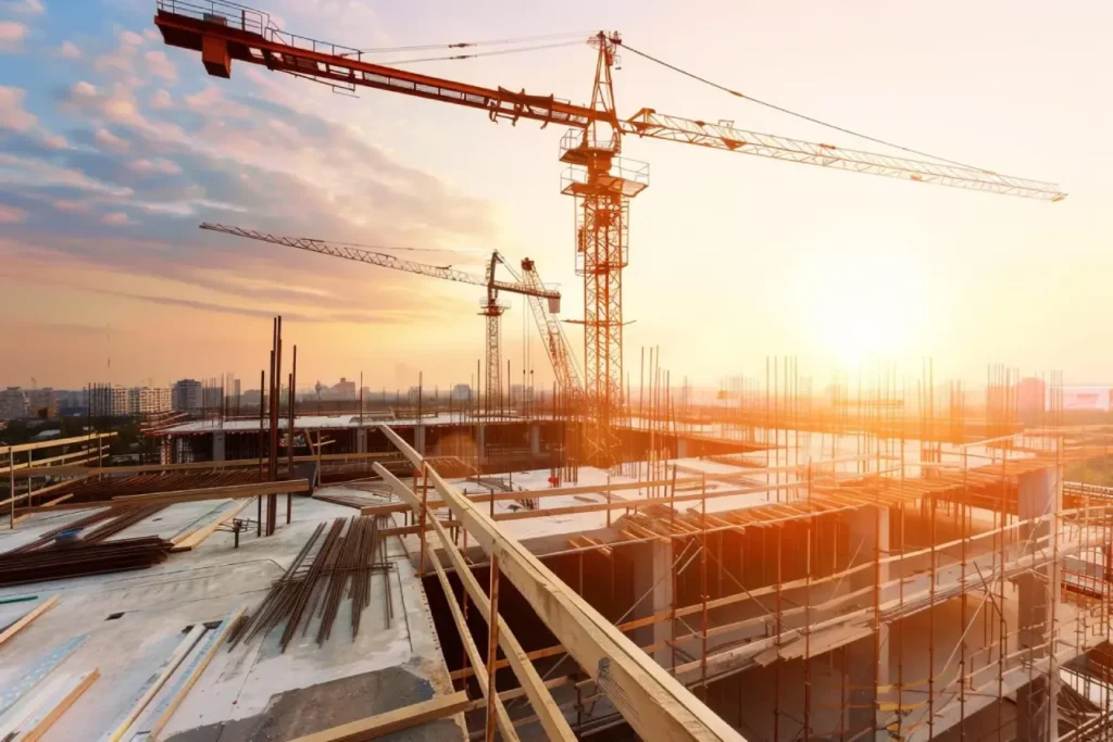 Large tower cranes operating over an active concrete structural build at sunset, demonstrating proactive planning by Epic Construction Management.