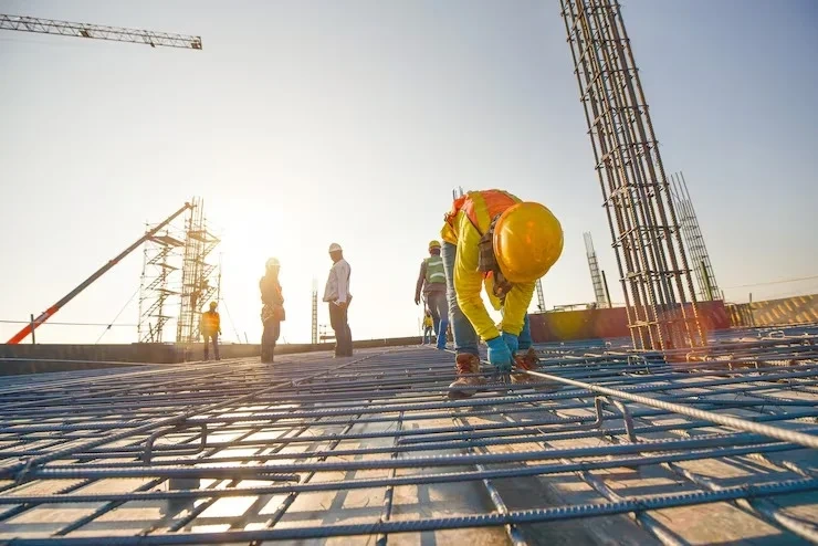 Workers Tying Steel Reinforcement Bars on Construction Site
